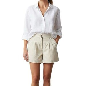 Pale yellow high rise cotton twill pleated tailored shorts 4
